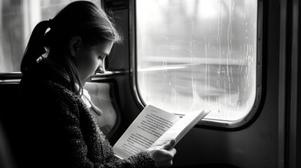 Wall Mural - Woman reading on train