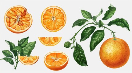 in this old botanical illustration, orange is isolated on a transparent background