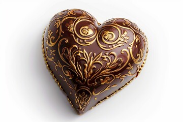 Heart-shaped chocolate box with gold decorative pattern on a white background. Generative AI