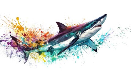 Colorful shark flying in the air hand painted in graffiti style with paint splashes on a white background