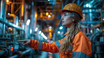 Wall Mural - engineer worker at an oil refinery discussing and pointing for inspection and wearing a safety helmet with a steel long pipe in the background of a crude oil facility stock photo