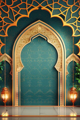 Wall Mural - Vertical Ramadan Kareem background. Eid Mubarak, greeting background with mosque, lantern and islamic pattern.