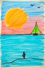 Wall Mural - Drawing of person standing in the water with sailboat.