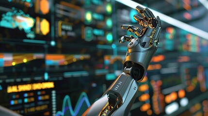 Robot hand pointing to computer screen with many numbers and stock price graphs for business growth and investment analysis concept