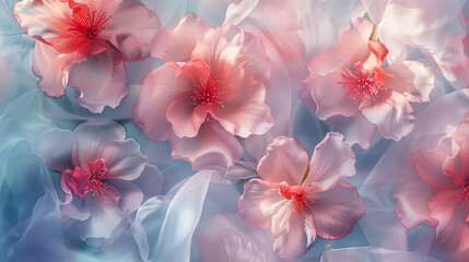 there are many pink flowers that are on a blue background