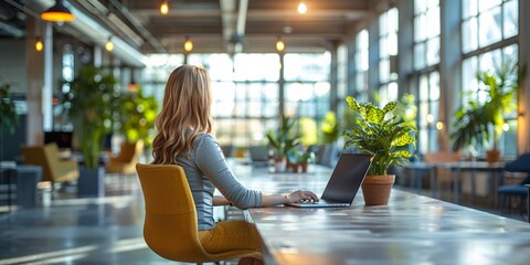 A young woman uses her laptop in a modern office setting, combining technology and business.