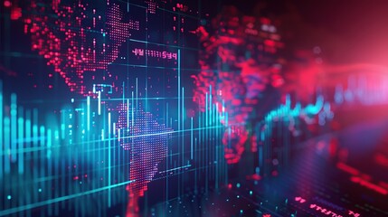 World map with futuristic red and blue stock price graph for business, investment and forex trading concepts.