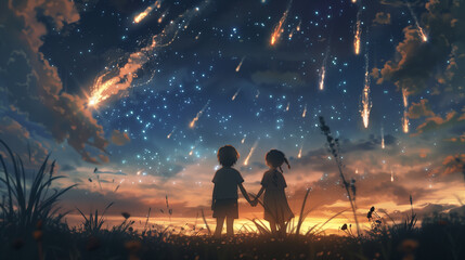 Poster - anime scene of two children looking at the stars in the sky