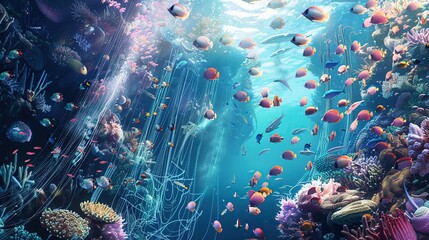 Wall Mural - Colorful underwater scenery with lots of fish and coral reefs sunlight penetrating underwater.