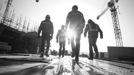 Wall Mural - Capture the back view of construction workers walking away from the camera towards a completed section of a construction project, symbolizing progress and achievement.