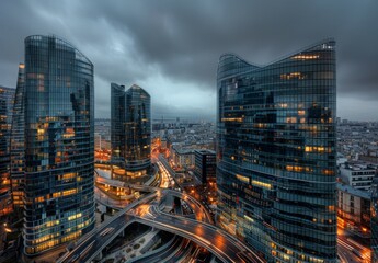 Wall Mural - Business district in Paris, glass skyscrapers, curved modern architecture buildings with lights on inside, road crossing through the city and bridges for cars to cross over