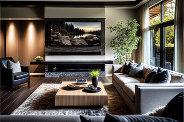 Wall Mural - arafed living room with a large flat screen tv and a fireplace