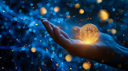 A single golden Bitcoin coin in a person's hand, perfect for illustrating cryptocurrency investment and digital finance. Place for text.