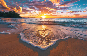 A heart drawn in the sand on an exotic beach at sunset. Created with Ai