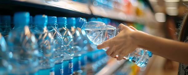 Woman hand taking plastic water bottle from shelf in supermarket.