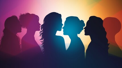 Wall Mural - Communication group of multiethnic diversity women and girls face silhouette profile. Female social network community of diverse culture. Talk and share information. Friendship. Speak