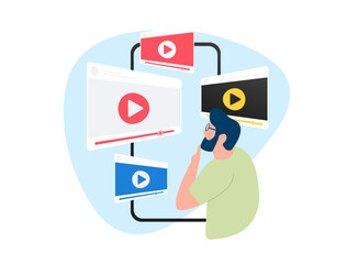 Wall Mural - rise of video content for marketing. man is surrounded by personalized search-optimized videos from 