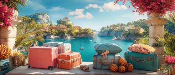 Scenic summer vacation view with tropical luggage and picturesque seascape backdrop, perfect for travel and holiday inspiration.