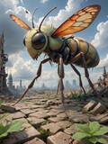 Eine große wespenartiges Insekt fliegt durch eine zerstörte und verwüstete Umgebung, dystopische Stimmung