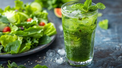 Green juice in a tall glass with ice cubes, mint leaves, and a plate of fresh salad