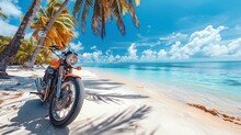 Retro Motorcycle On Beach, Crystal Clear Sea, Palm Trees Swaying, Vibrant Summer Vibe