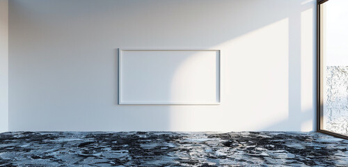 Blank frame in an empty room with a white wall and a basalt floor. Ultra HD 3D render, SEO-optimized.