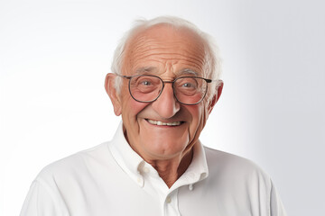 Wall Mural - Smiling senior white man on white background. Topics related to old age. American. French. Retirement home. Retirement. Image for Graphic Designer. Senior residence. AI.