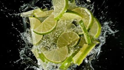 Poster - Freeze Motion of Flying Lime Slices into Water, Black Background.