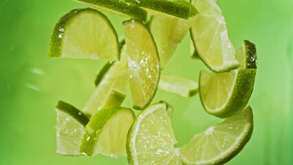 Poster - Freeze Motion of Flying Lime Slices into Water, Colored Background.