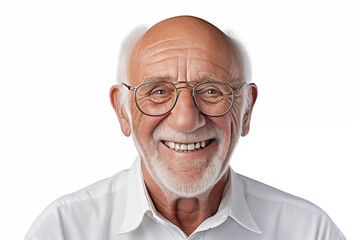 Smiling senior white man on white background. Topics related to old age. American. French. Retirement home. Retirement. Image for Graphic Designer. Senior residence. AI.