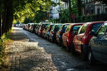 Wall Mural - Parked Cars in Residential District. Row of Vehicles on City Street