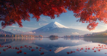 Poster - Red leaves frame the majestic Mount Fuji, creating an enchanting autumn scene in Japan