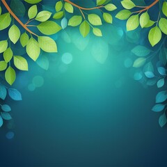 Watercolor turquoise background with light green leaves on border.
