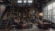 © RocknRoller Studios - Industrial Styled Living Room with Vintage Furniture. Interior Design Background.