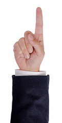 Wall Mural - a hand pointing up with a white background. the hand is wearing a suit jacket and one finger is poin