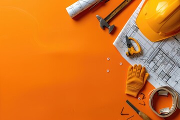 tools and yellow construction helmet on a white background with copy space