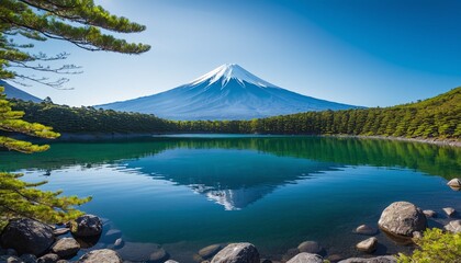 Wall Mural - Colorful Autumn Season and Mountain Fuji with morning fog and red leaves at lake Kawaguchiko. Vulcano Japan nature. Fuji japan mountain landscape Fujisan mountain reflection.