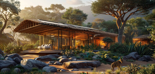 Eco-conscious lodge featuring a safari tour reservation system mockup, seamlessly integrated into the natural setting.