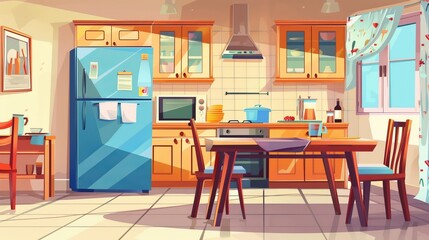 An illustration of a cozy modern kitchen with a dinner table, household appliances, such as a fridge, a stove, a microwave, and an exhaust hood. A comfortable, clean dining-room, with tableware,