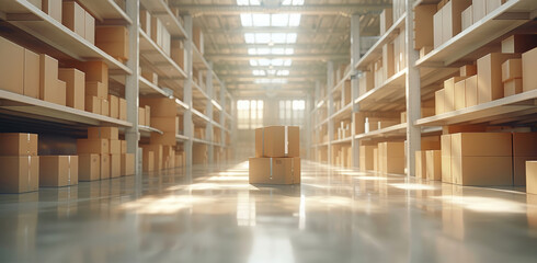 Aufkleber - Minimalist, fulfillment center, warehouse, shipping boxes, boxes, large warehouse, boxes stored inside a warehouse. Generative AI.