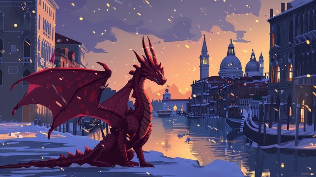 Winter evening night in Venice with a red dragon cartoon