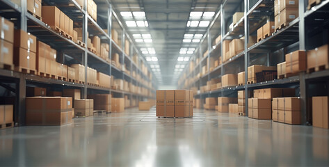 Aufkleber - Minimalist, fulfillment center, warehouse, shipping boxes, boxes, large warehouse, boxes stored inside a warehouse. Generative AI.
