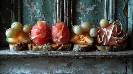 Artisanal appetizers with cured ham, melon, grapes on rustic bread. Perfect for gourmet food presentations and culinary displays.