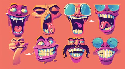 Sticker - A collection of cartoon character faces, legs, hands, in different emotions happy, angry, sad, cheerful. Cute retro groovy hippie illustration for decorative use.