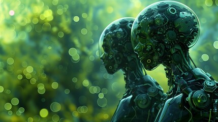 Two robotic heads against green bokeh lights art digital. Robots with detailed mechanical designs wallpaper scene artwork. Clone nature futuristic concept background image horizontal