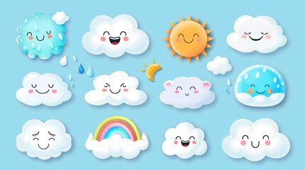the white dark clouds are emoji emotion icons set line. it includes the sun, rainbow, rain drop, win