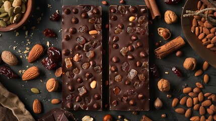 Wall Mural - A bar of chocolate is surrounded by a variety of nuts and dried fruits, creating a visually appealing and appetizing display. Generative AI