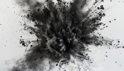 A dynamic explosion of black charcoal powder against a white background, creating an abstract pattern of smoke and dust, ideal for artistic and explosive themes
