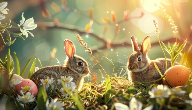 A cheerful Easter-themed background with eggs, bunnies, and flowers, set in a spring design, perfect for holiday greetings and festive decorations