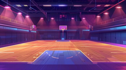 modern illustration of a basketball court with wooden floor. indoor stadium with lights cartoon desi